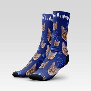 "Cats Rule The World" Custom Cat Socks With Your Kitty's Face