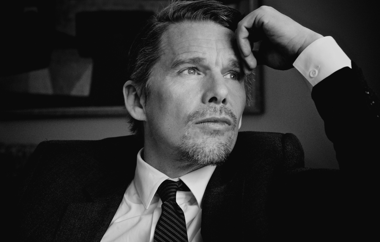 A black and white picture of ethan hawke