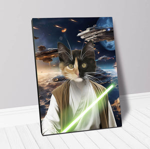 cat portrait in star wars costume inspired by Luke Skywalker holding a light sabre in space with background of space ships