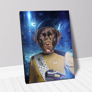Pet photo portrait of dog in space uniform inspired by TV series Star Trek