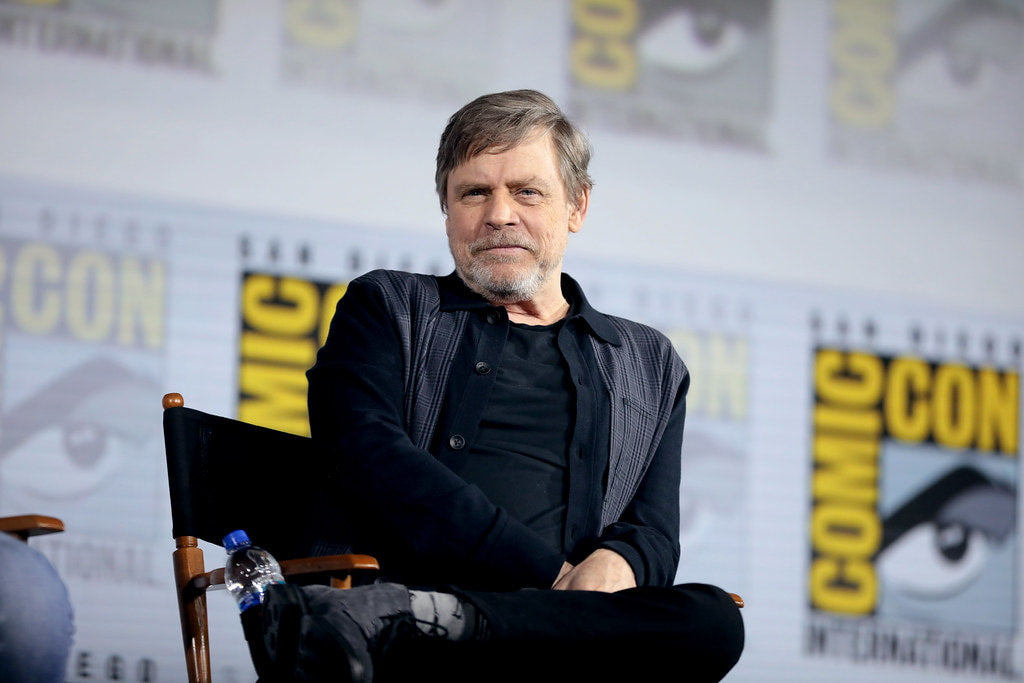 Chelsea Hamill at the Comic-Con event, sitting on a chair while attending the press conference