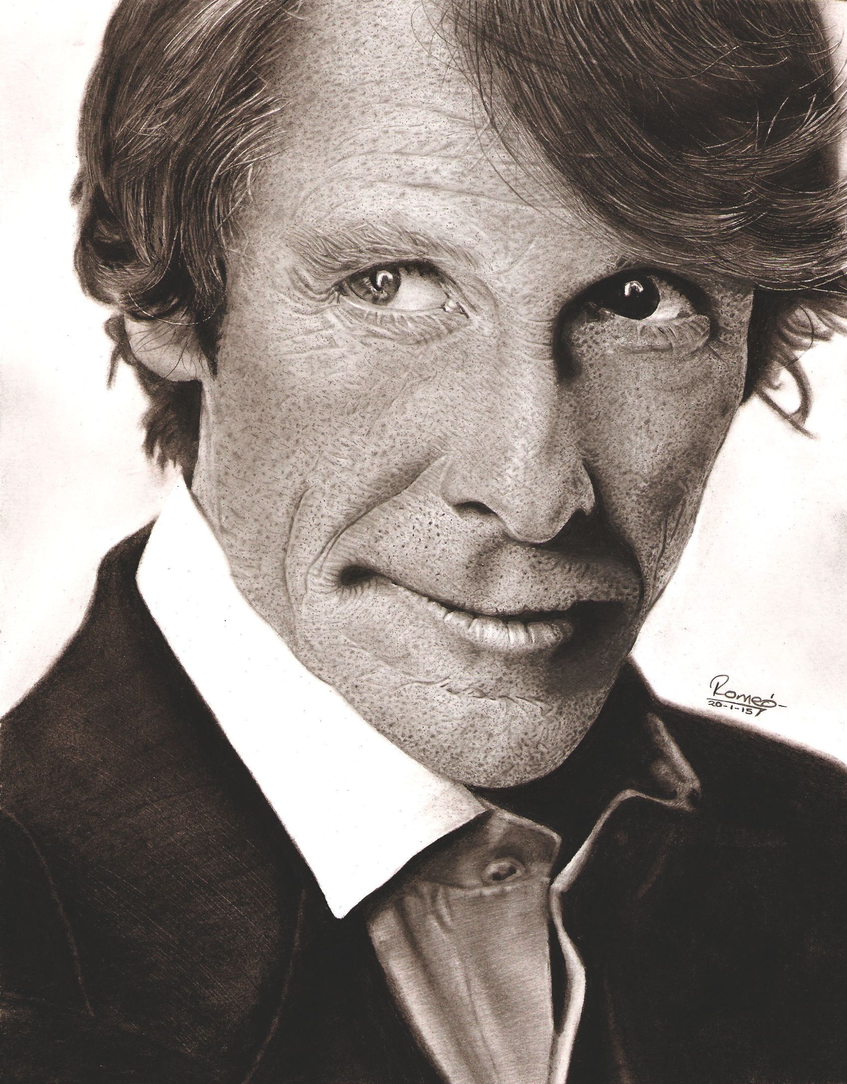 A pencil sketch of Michael Bay, in which he is wearing a suit and looking sideways.