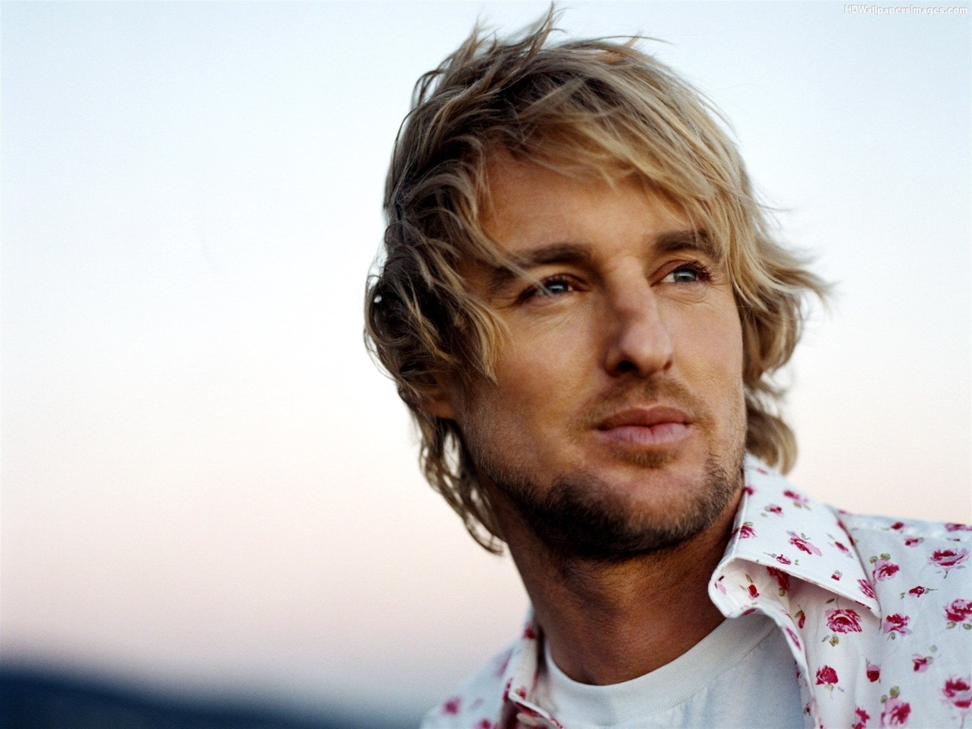 A portrait of Owen Wilson with a beard and wearing a white shirt.