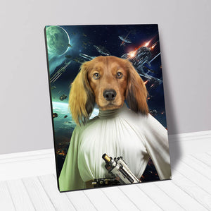 dog portrait in star wars costume inspired by Princess Leia with background of space ships in space