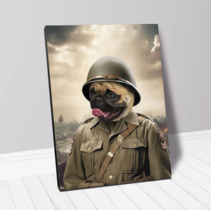 portrait of dog in military uniform waring helmet