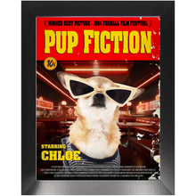 Load image into Gallery viewer, PUP FICTION Movie Poster - Pulp Fiction Inspired Custom Pet Portrait Framed Satin Paper Print