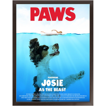 Load image into Gallery viewer, PAWS Movie Poster - Jaws Inspired Custom Pet Portrait Framed Satin Paper Print