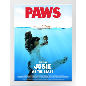 PAWS Movie Poster - Jaws Inspired Custom Pet Portrait Framed Satin Paper Print