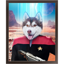 Load image into Gallery viewer, CAPTAIN RUNAWAY - BEAMING DOWN - Star Trek Inspired Custom Pet Portrait Framed Satin Paper Print
