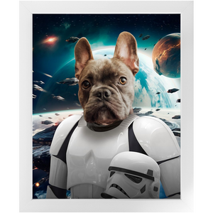 STORM BLOOPER IN SPACE - Storm Trooper & Star Wars Inspired Custom Pet Portrait Framed Satin Paper Print