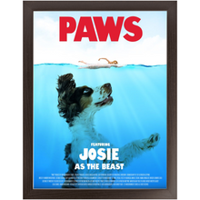 Load image into Gallery viewer, PAWS Movie Poster - Jaws Inspired Custom Pet Portrait Framed Satin Paper Print