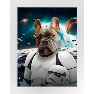 STORM BLOOPER IN SPACE - Storm Trooper & Star Wars Inspired Custom Pet Portrait Framed Satin Paper Print