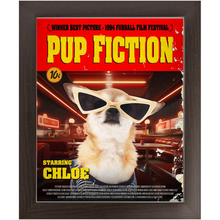 Load image into Gallery viewer, PUP FICTION Movie Poster - Pulp Fiction Inspired Custom Pet Portrait Framed Satin Paper Print