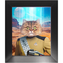 Load image into Gallery viewer, LIEUTENANT WOOF - BEAMING DOWN - Star Trek Inspired Custom Pet Portrait Framed Satin Paper Print