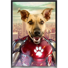 Load image into Gallery viewer, Iron Mutt - Iron Man Superhero Inspired Custom Pet Portrait Framed Satin Paper Print