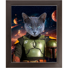 Load image into Gallery viewer, BOB AND FETCH IN SPACE - Boba Fett &amp; Star Wars Inspired Custom Pet Portrait Framed Satin Paper Print