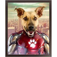 Load image into Gallery viewer, Iron Mutt - Iron Man Superhero Inspired Custom Pet Portrait Framed Satin Paper Print