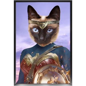 Wonder Wotsup - Wonder Woman, Superhero Inspired Custom Pet Portrait Framed Satin Paper Print