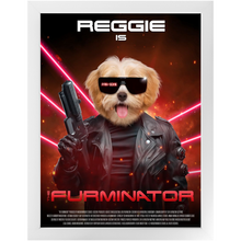 Load image into Gallery viewer, THE FURMINATOR Movie Poster - The Terminator Inspired Custom Pet Portrait Framed Satin Paper Print