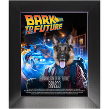 Load image into Gallery viewer, BARK TO THE FUTURE Movie Poster - Scarface Inspired Custom Pet Portrait Framed Satin Paper Print