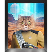 Load image into Gallery viewer, LIEUTENANT WOOF - BEAMING DOWN - Star Trek Inspired Custom Pet Portrait Framed Satin Paper Print