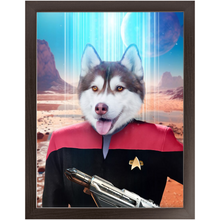 Load image into Gallery viewer, CAPTAIN RUNAWAY - BEAMING DOWN - Star Trek Inspired Custom Pet Portrait Framed Satin Paper Print