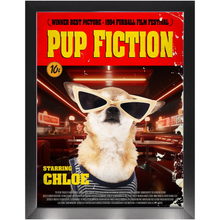 Load image into Gallery viewer, PUP FICTION Movie Poster - Pulp Fiction Inspired Custom Pet Portrait Framed Satin Paper Print