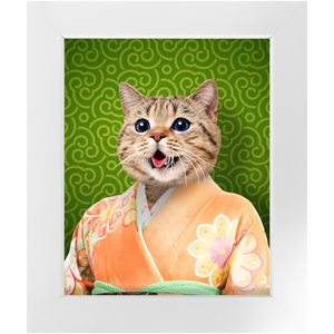 Orenjisan - Japanese Geisha & Kimono Inspired Custom Pet Portrait Framed Satin Paper Print