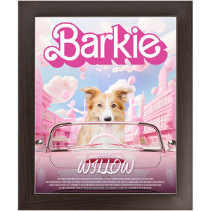 Barkie Movie Poster - Barbie Inspired Custom Pet Portrait Framed Satin Paper Print