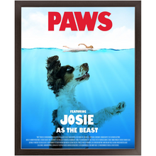 Load image into Gallery viewer, PAWS Movie Poster - Jaws Inspired Custom Pet Portrait Framed Satin Paper Print