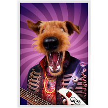 Load image into Gallery viewer, Purple Craze - Jimmy Hendrix, Rock and Roll Inspired Custom Pet Portrait Framed Satin Paper Print