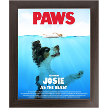 Load image into Gallery viewer, PAWS Movie Poster - Jaws Inspired Custom Pet Portrait Framed Satin Paper Print