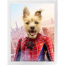 Load image into Gallery viewer, Spider Mutt - Spiderman Superhero Inspired Custom Pet Portrait Framed Satin Paper Print