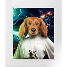 Load image into Gallery viewer, PRINCESS LAYABOUT IN SPACE - Princess Leia &amp; Star Wars Inspired Custom Pet Portrait Framed Satin Paper Print