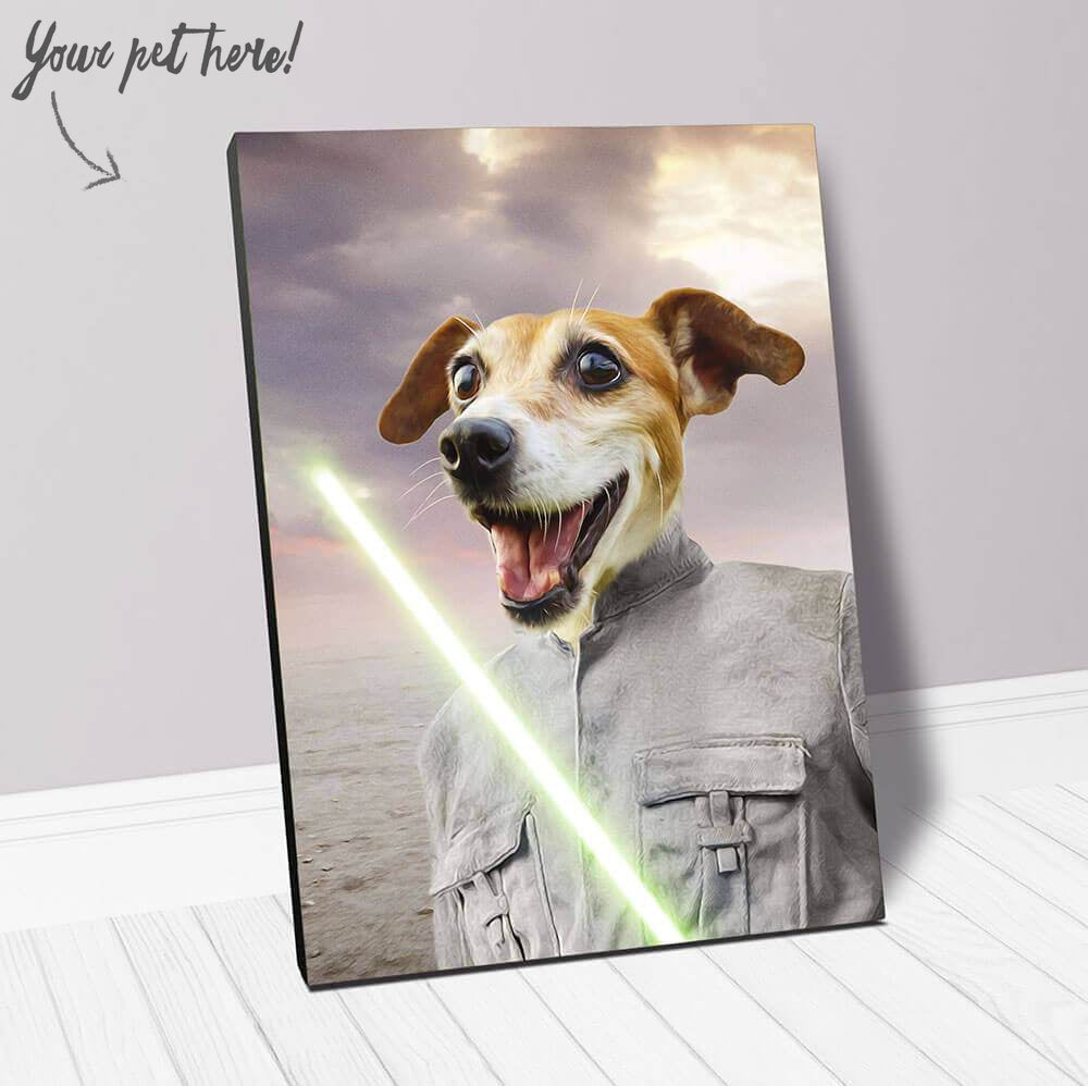 dog portrait in star wars costume inspired by Luke Skywalker holding a light sabre