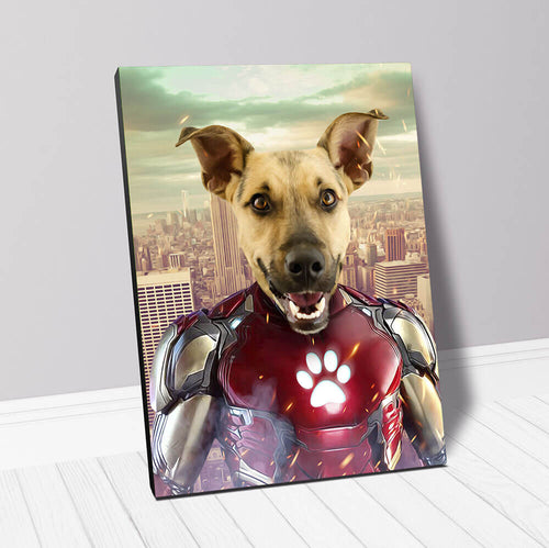 dog portrait in iron man superhero costume