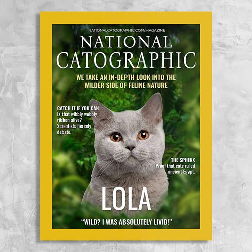 National Catographic Magazine Cover Featuring a Cat with imaginary article titles- Personalized Gift for Cat Owners