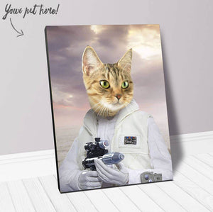 Cat portrait in star wars costume inspired by Princess Leia holding a gun