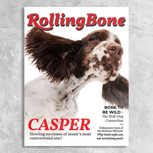 Rolling Bone Magazine Cover Featuring a Dog with imaginary article titles- Personalized Gift for Dog Owners