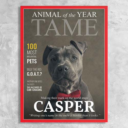 Tame Magazine Cover Featuring a Dog with imaginary article titles- Personalized Gift for Dog Owners