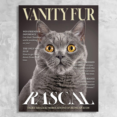 Vanity Fur Magazine Cover Featuring a Cat with imaginary article titles- Personalized Gift for Cat Owners
